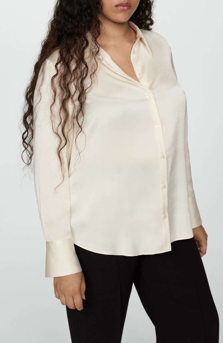 MANGO Flowy Satin Button-Up Shirt, Alternate, color, Off White