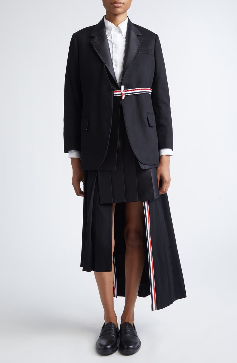 Thom Browne Pleated Asymmetric Mixed Media Wrap Skirt, Alternate, color, Black