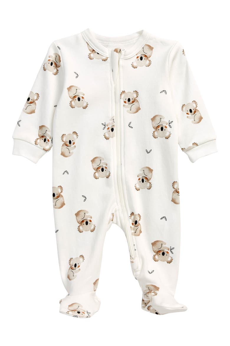 Koala Print Fitted One-Piece Cotton Pajamas, Main, color, 101 OFF WHITE
