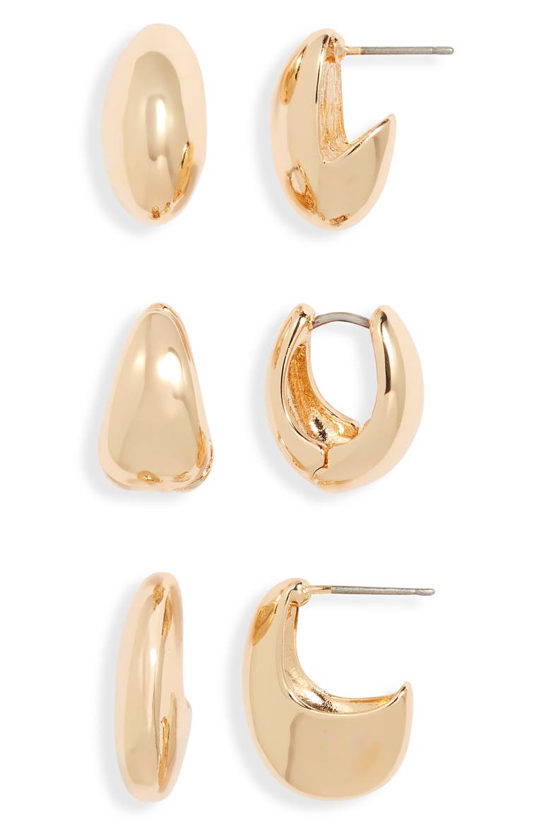 Set of 3 Puffy Huggie Earrings, Main, color, GOLD
