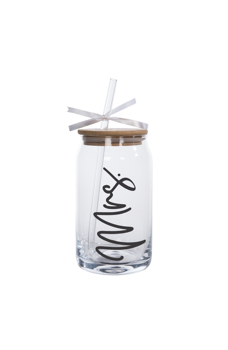 Totalee Gift Mrs Glass Cup w/ Lid and Straw Glass Clear 16 oz, Main, color, Clear