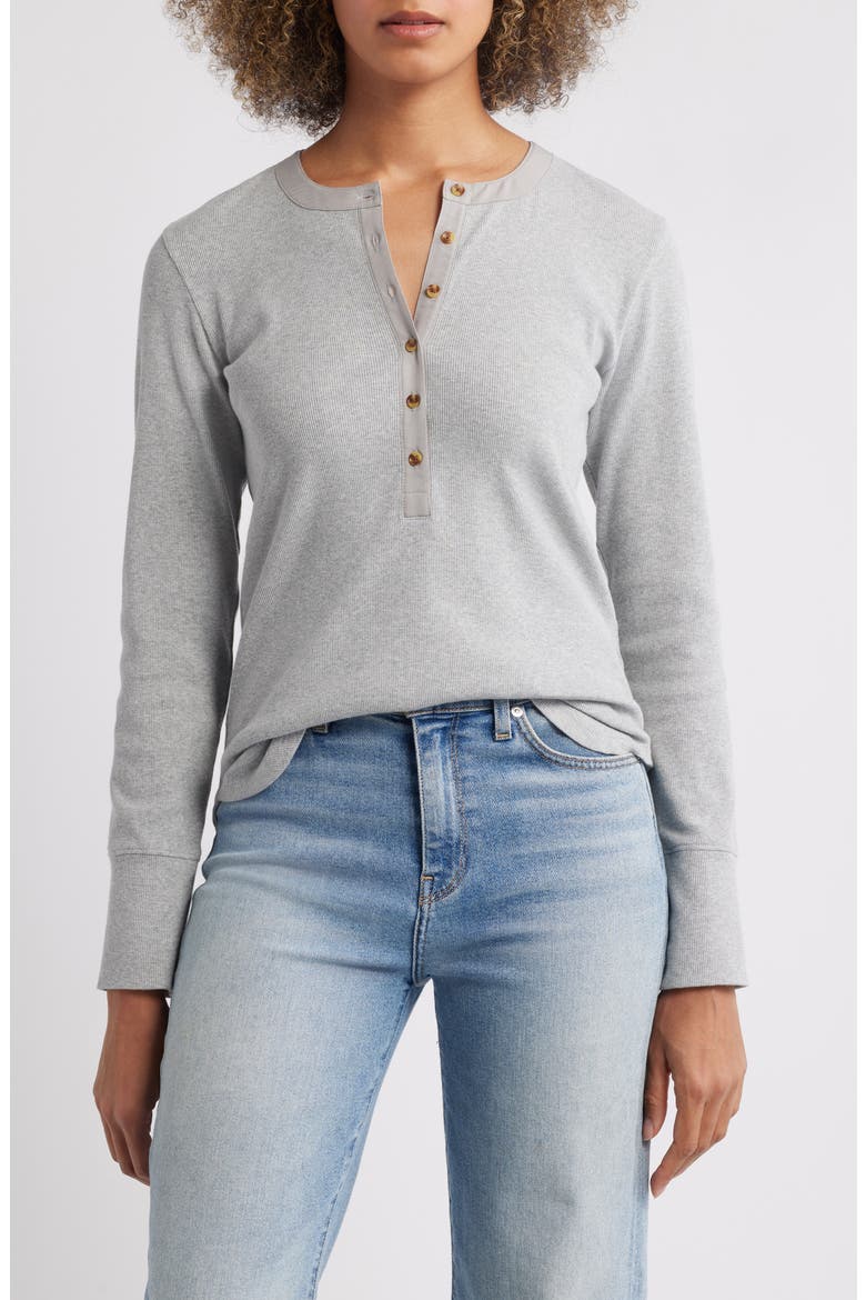 Mixed Media Long Sleeve Henley Top, Main, color, GREY HEATHER