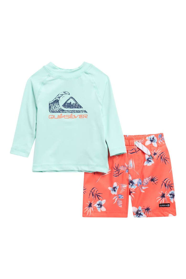 Long Sleeve Rashguard & Swim Trunks Set, Main, color, ORANGE BLUE MULTI