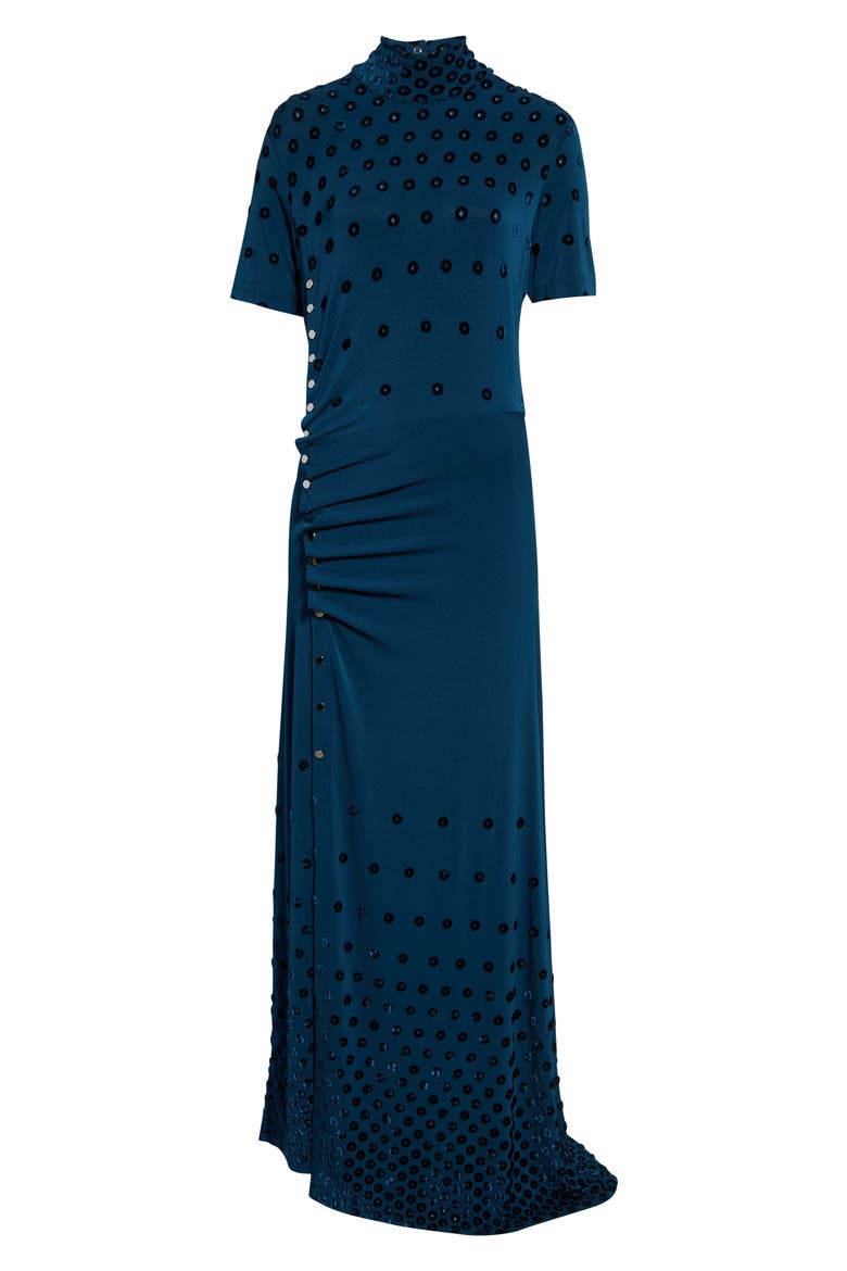 Flocked Dot Cutout Jersey Gown, Main, color, DEEP LAKE