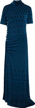 Rabanne Flocked Dot Cutout Jersey Gown