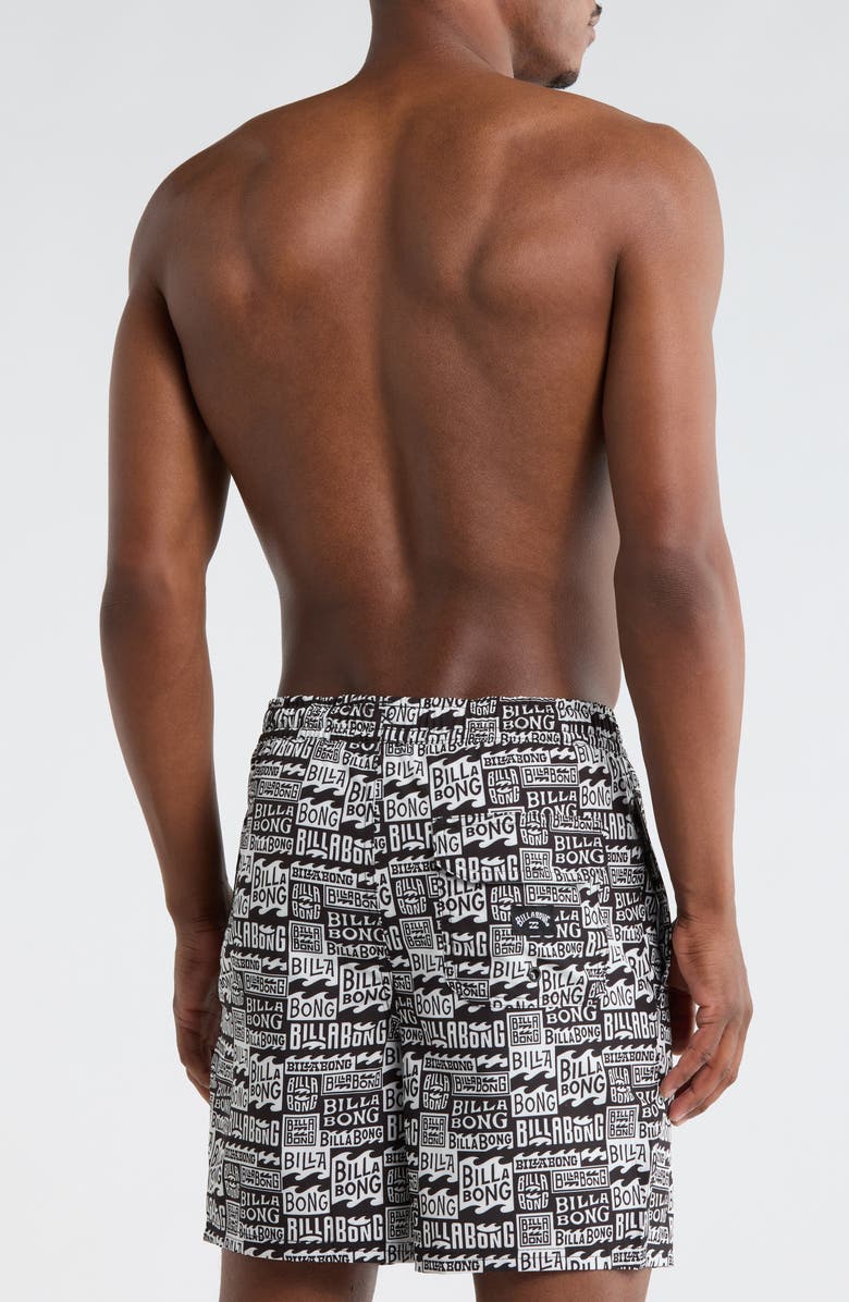 Billabong Allover Logo Volley Swim Trunks, Alternate, color, Black