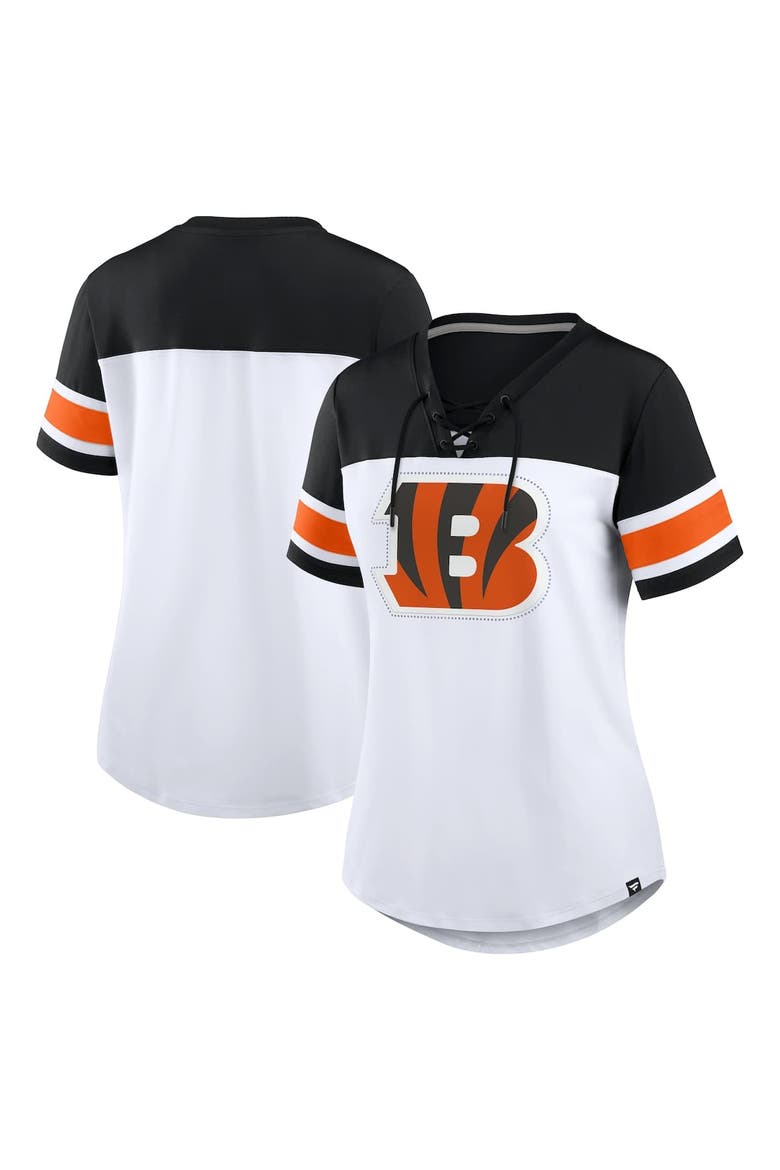 Women's Fanatics White/Black Cincinnati Bengals Athena Rhinestone Lace-Up V-Neck T-Shirt, Alternate, color, White