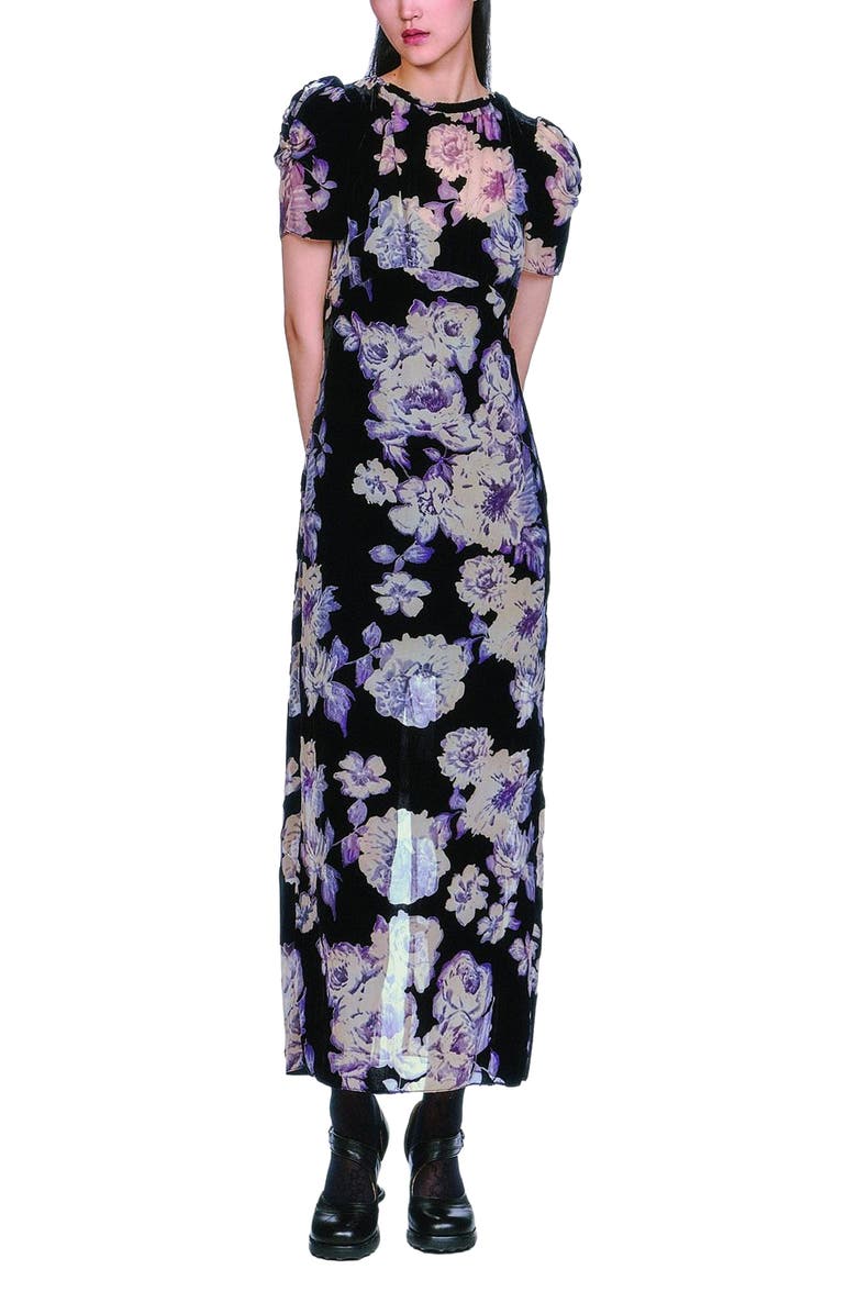 Anna Sui Cabbage Rose Devore Maxi Dress, Main, color, Black