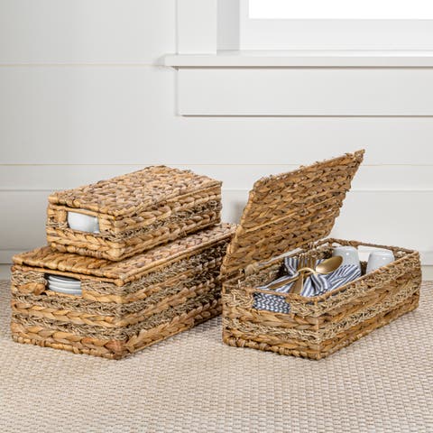 Sandrine Classic Farmhouse Handwoven Hyacinth Storage Baskets with Handles and Lids, (Set of 3)