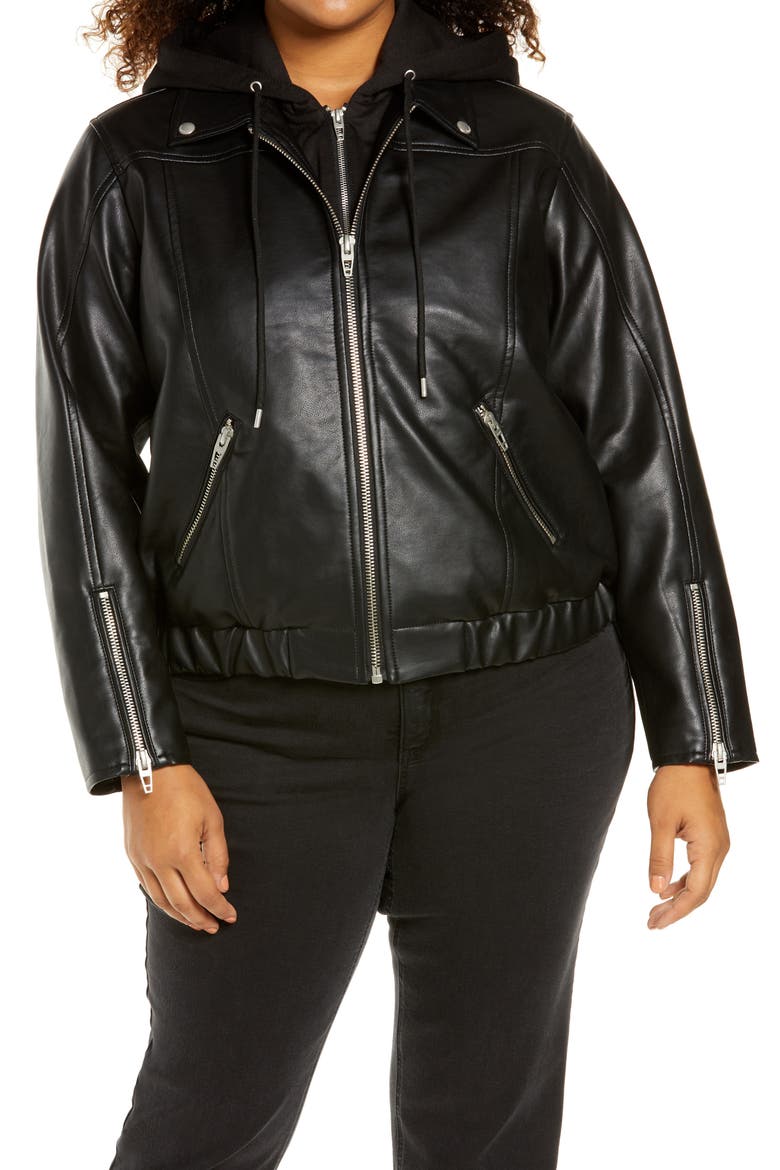 Faux Leather Jacket with Hooded Bib Insert, Alternate, color, BANKROLLER