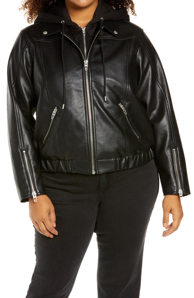 BLANKNYC Faux Leather Jacket with Hooded Bib Insert, Alternate, color,