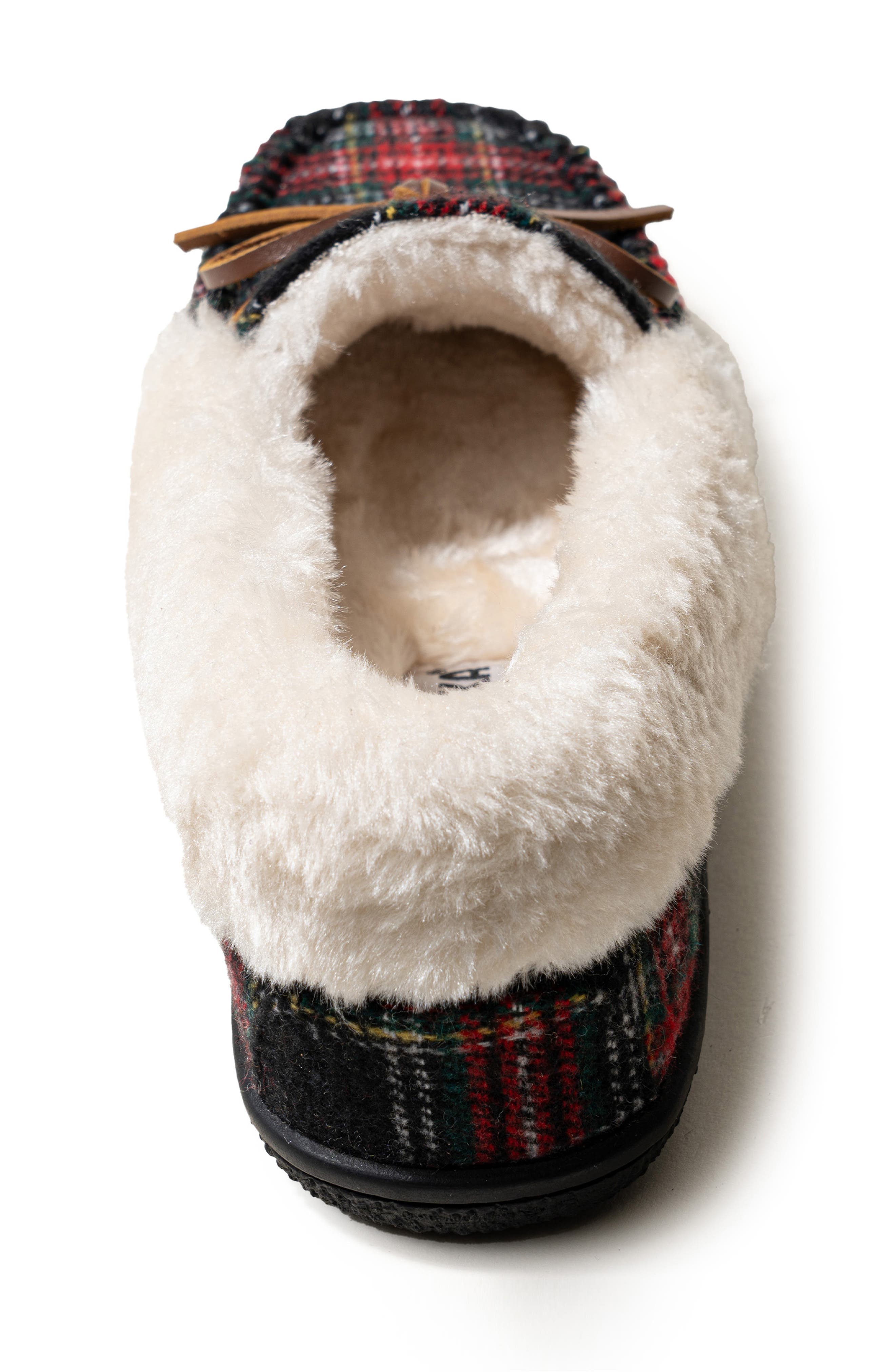 Minnetonka Camp Faux Fur Lined Moccasin Slipper, Alternate, color, Black Tartan Plaid