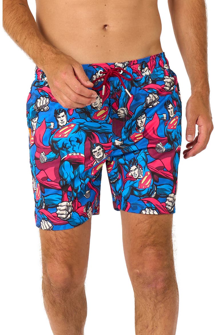 The Man of Steel Stretch Swim Trunks, Main, color, BLUE MULTI
