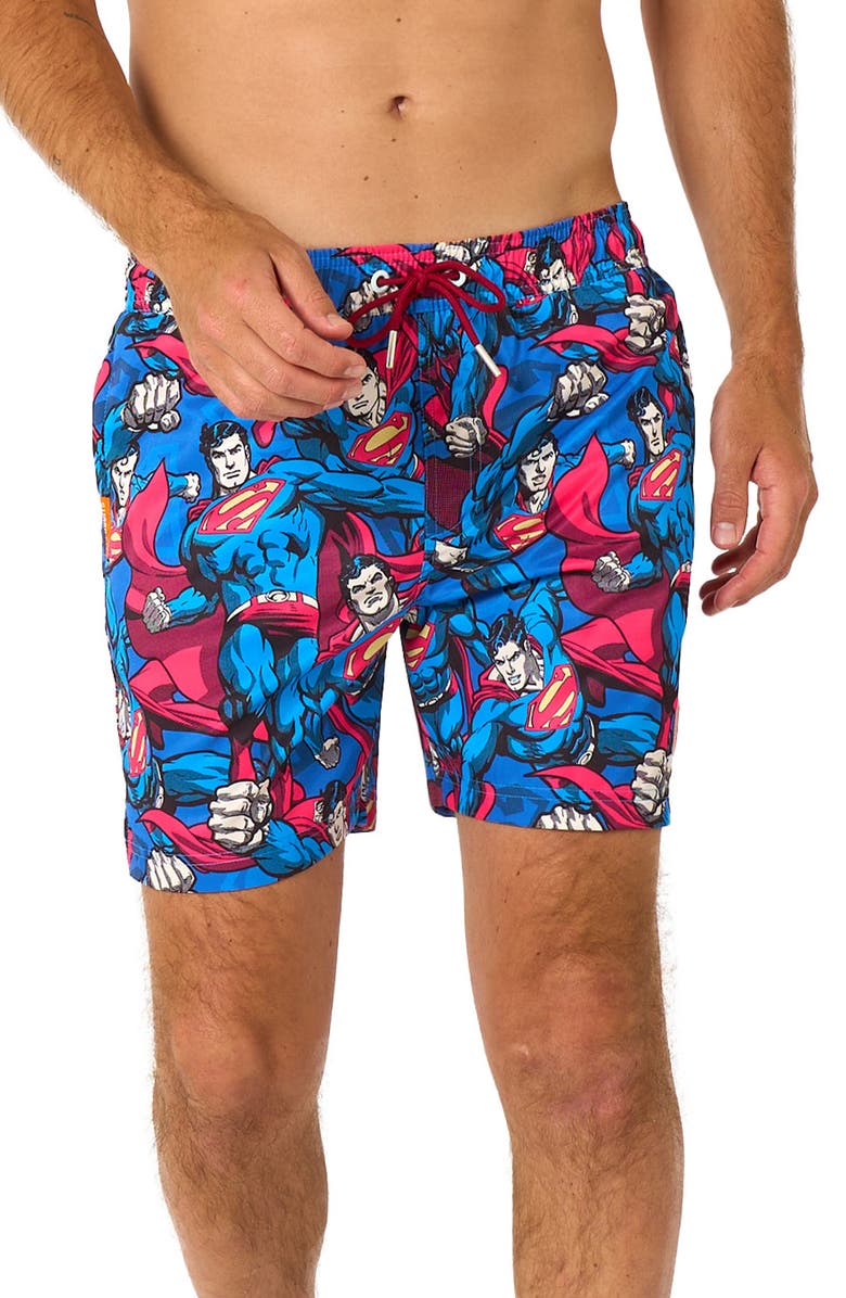 OppoSuits The Man of Steel Stretch Swim Trunks, Main, color, Blue Multi