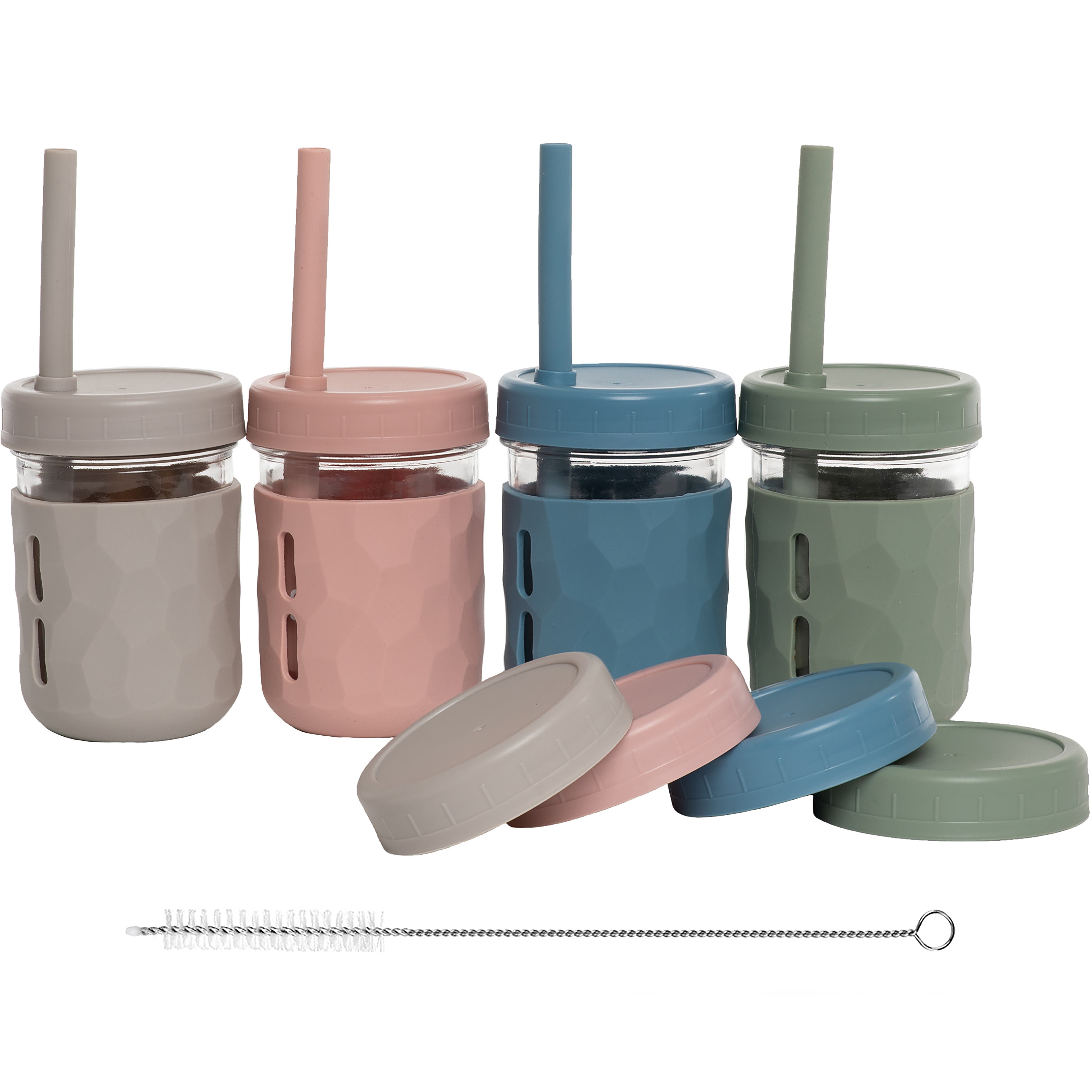 WeeSprout Glass Cups with Lids & Straws, Spill-resistant Cups for Toddlers & Kids - 8/12oz, Set of 4 in Green/pink/blue/grey (8 Oz) 