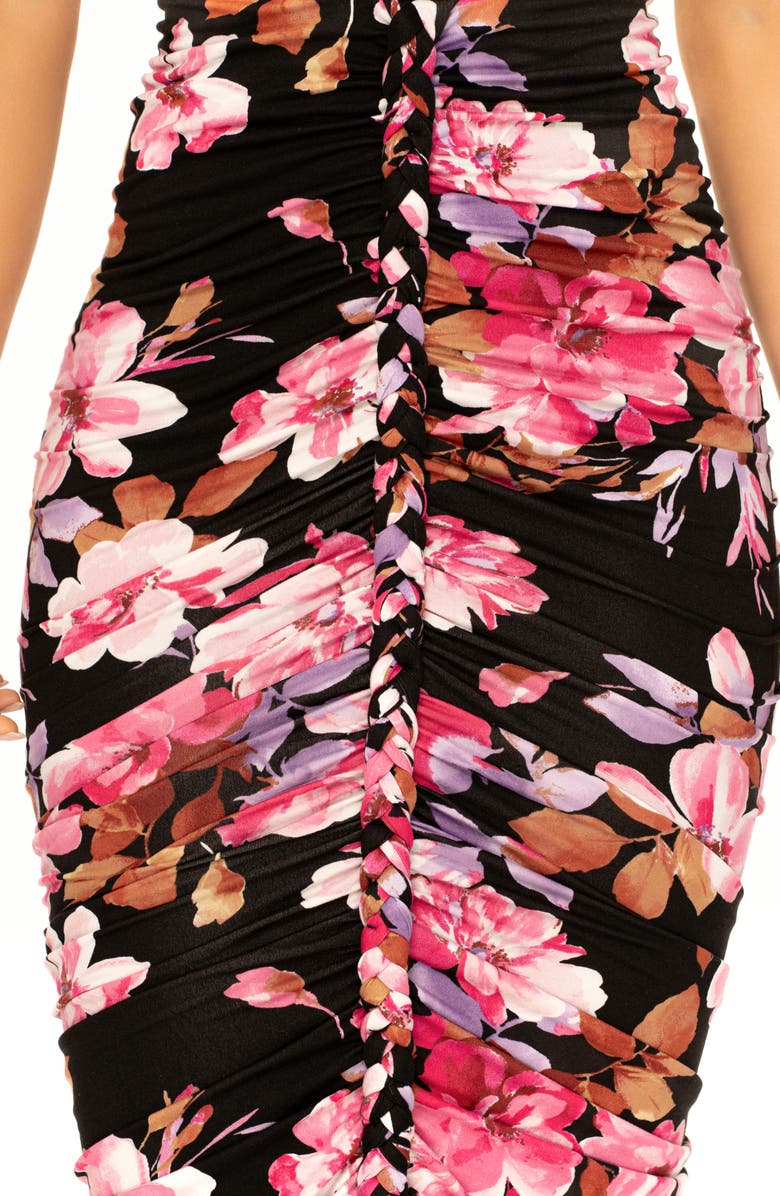 JLUXLABEL Jess Floral Ruched Braided One-Shoulder Midi Dress, Alternate, color, 