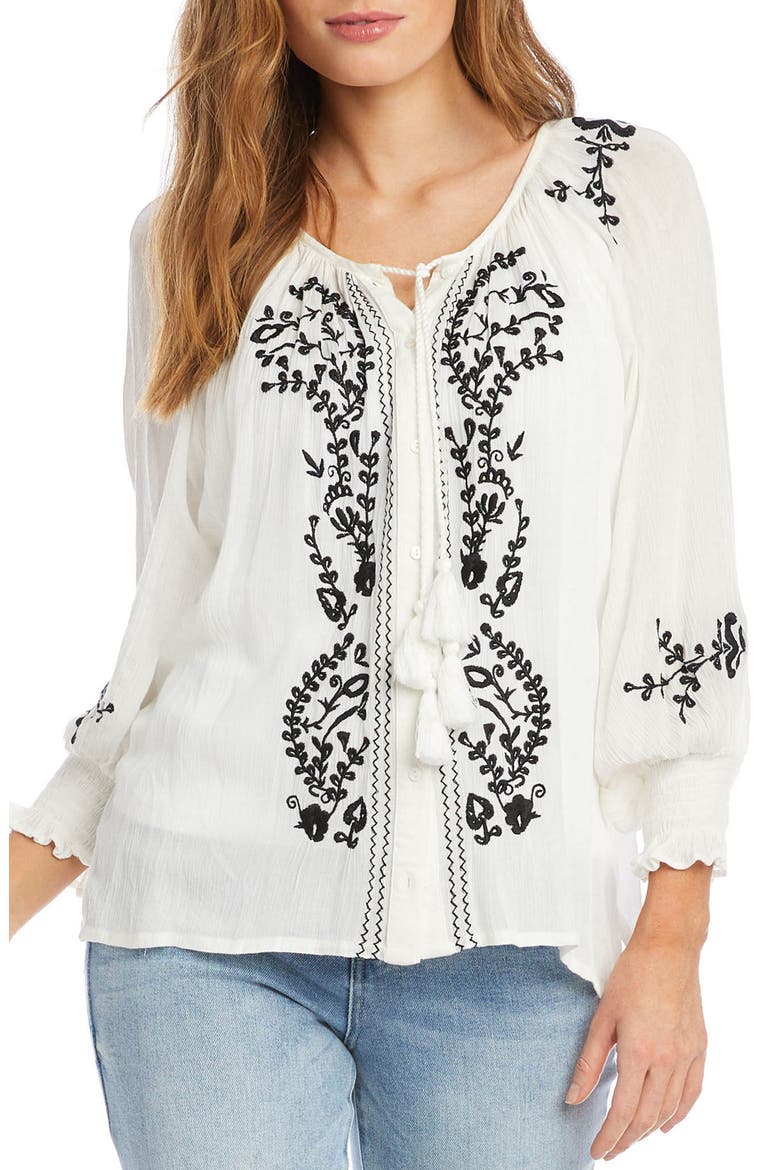Embroidered Tie Neck Button-Up Peasant Top, Main, color, WHITE