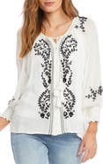 Karen Kane Embroidered Tie Neck Button-Up Peasant Top