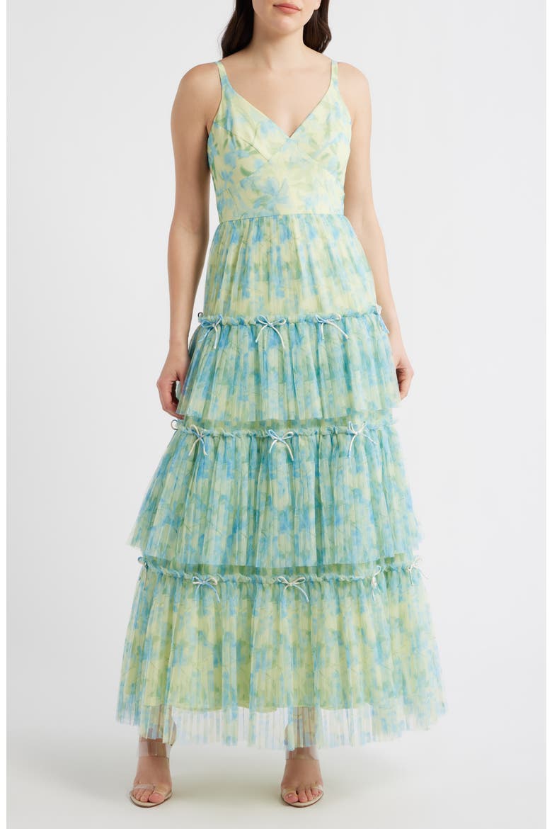 Madi Tiered Bow Gown, Main, color, IVORY / SKY WATERCOLOR