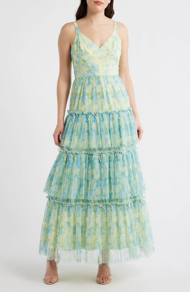 Hutch Madi Tiered Bow Gown, Main, color, Ivory / Sky Watercolor