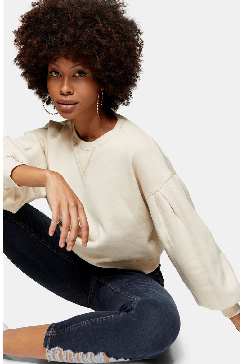Pleated Sleeve Sweatshirt, Alternate, color, CREAM