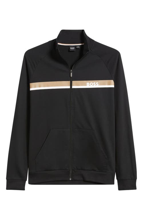 Hugo Boss Cotton-terry Zip-up Jacket With Metallic Logo In Black