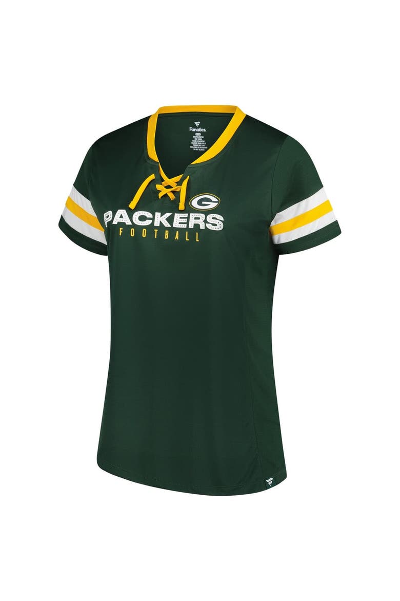 Women's Fanatics Green Green Bay Packers Plus Size Rhinestone Redzone Athena Lace-Up Notch Neck T-Shirt, Alternate, color, Green