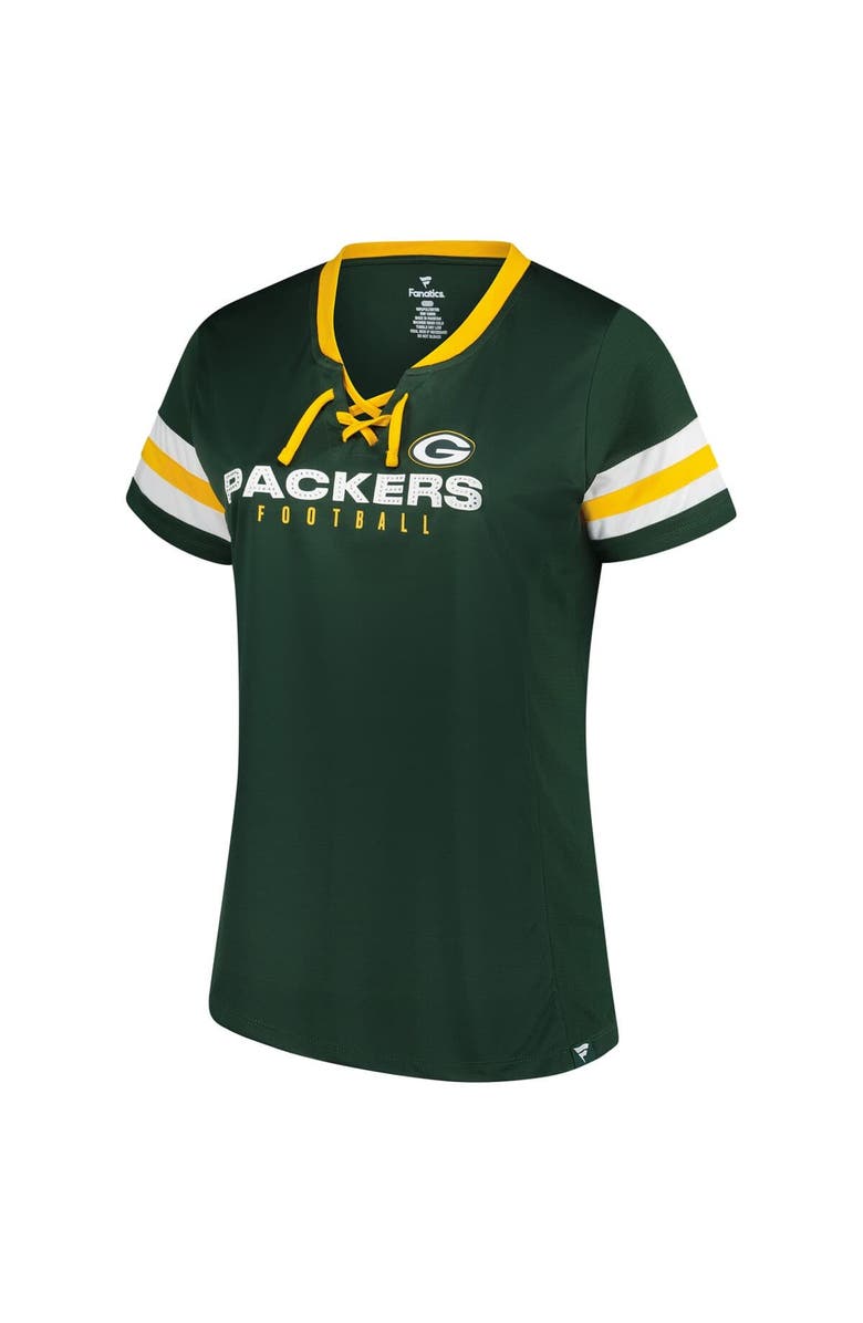 FANATICS Women's Fanatics Green Green Bay Packers Plus Size Rhinestone Redzone Athena Lace-Up Notch Neck T-Shirt, Alternate, color, Green