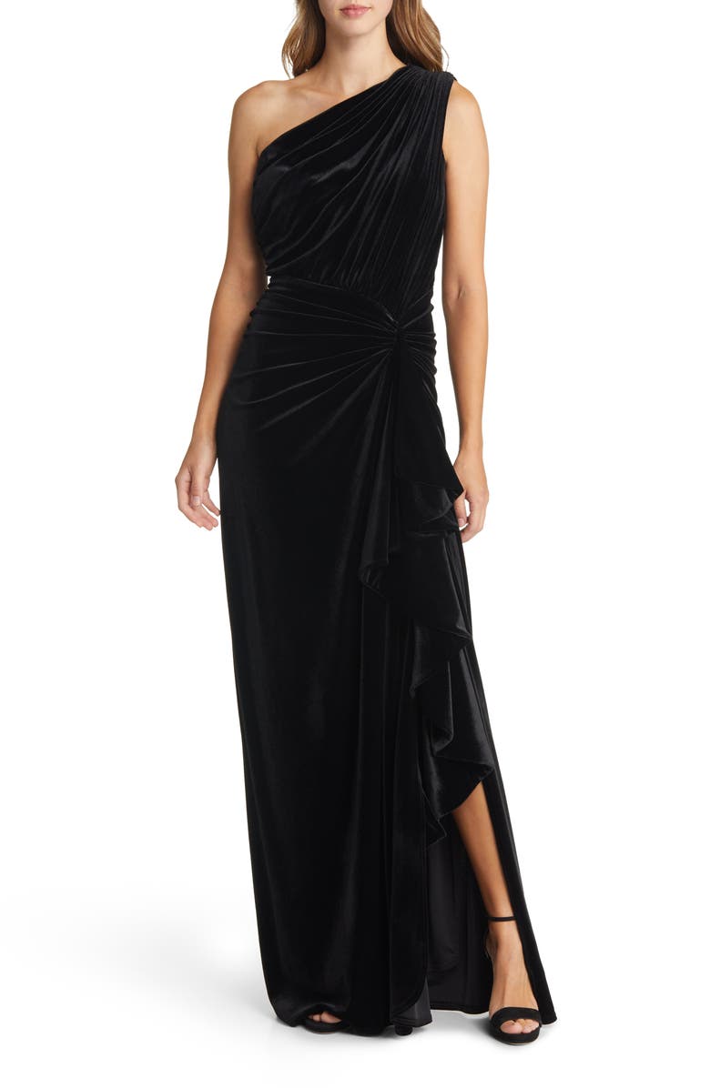 Tadashi Shoji One-Shoulder Velvet Column Gown, Main, color,