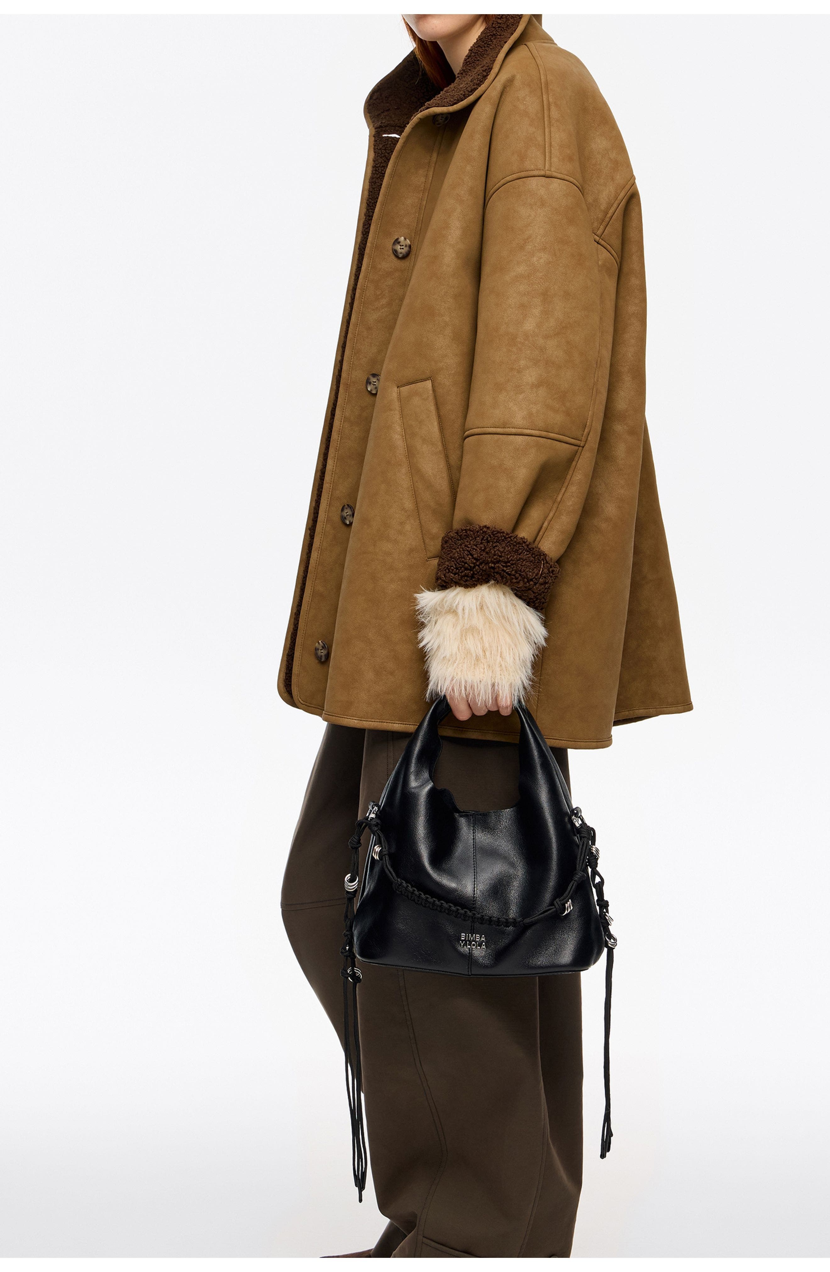 Bimba y Lola Leather Plaited Handle Paper Bag, Alternate, color, Black Chain