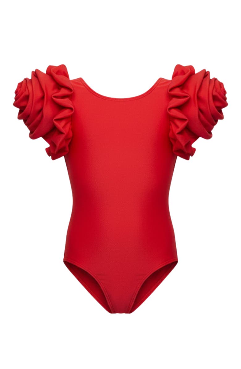 Mia Belle Girls Blooming Rose Sleeve One Piece Swimsuit, Main, color, Red