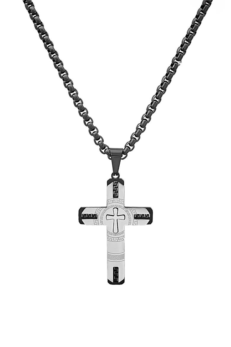 Men's Two-Tone Stainless Steel Etched Cross Pendant Necklace, Main, color, SILVER/ BLACK
