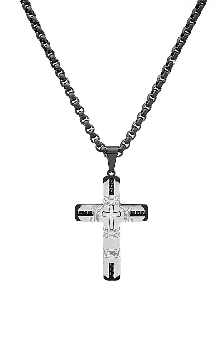 HMY JEWELRY Men's Two-Tone Stainless Steel Etched Cross Pendant Necklace, Main, color, 