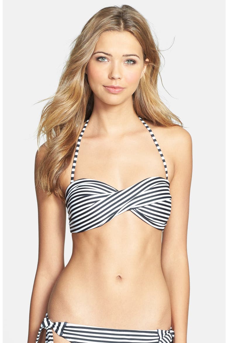'Sunset Stripes' Twist Stripe Bandeau Bikini Top, Main, color, BLACK/ WHITE
