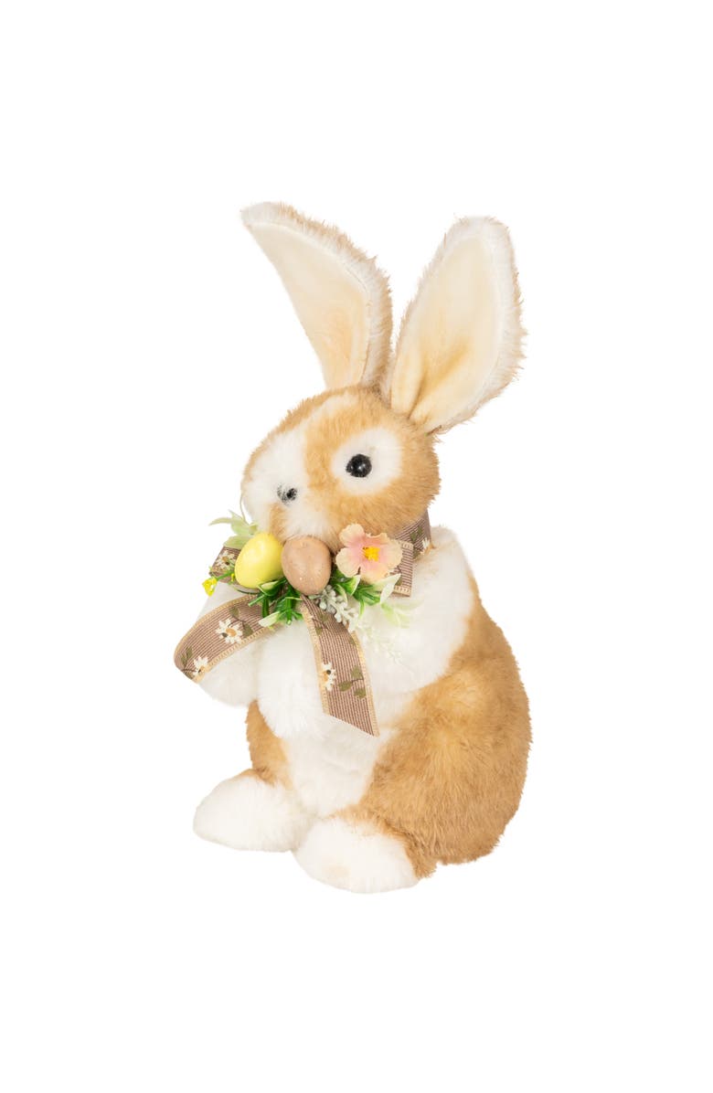 Northlight Plush Rabbit with Floral Bow Easter Figurine - 10.25", Main, color, Brown
