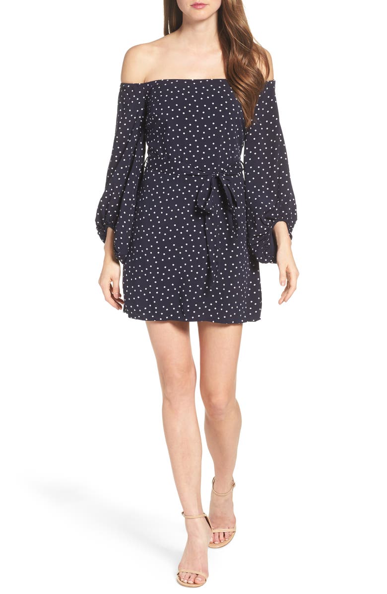 Bardot Polka Dot Off the Shoulder Dress, Alternate, color, 