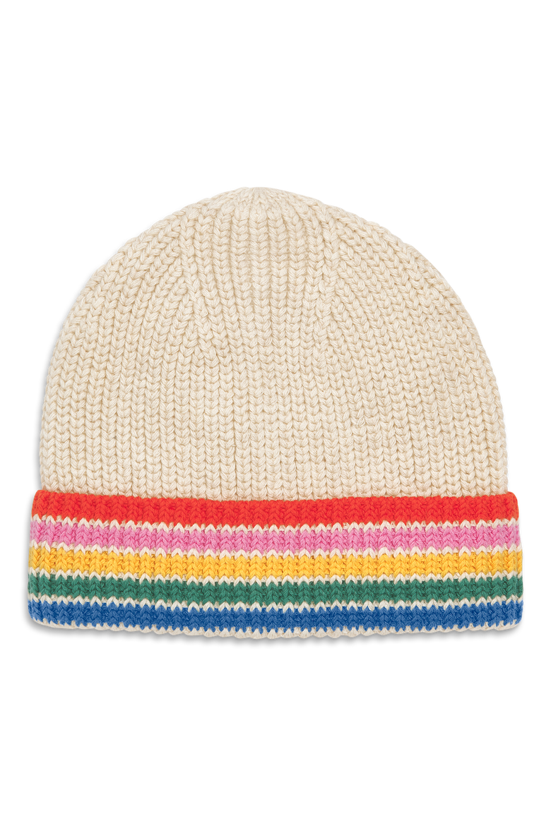 Baby Cotton Beanie In Rainbow Stripe, Alternate, color, Heather Sand Rainbow Stripe