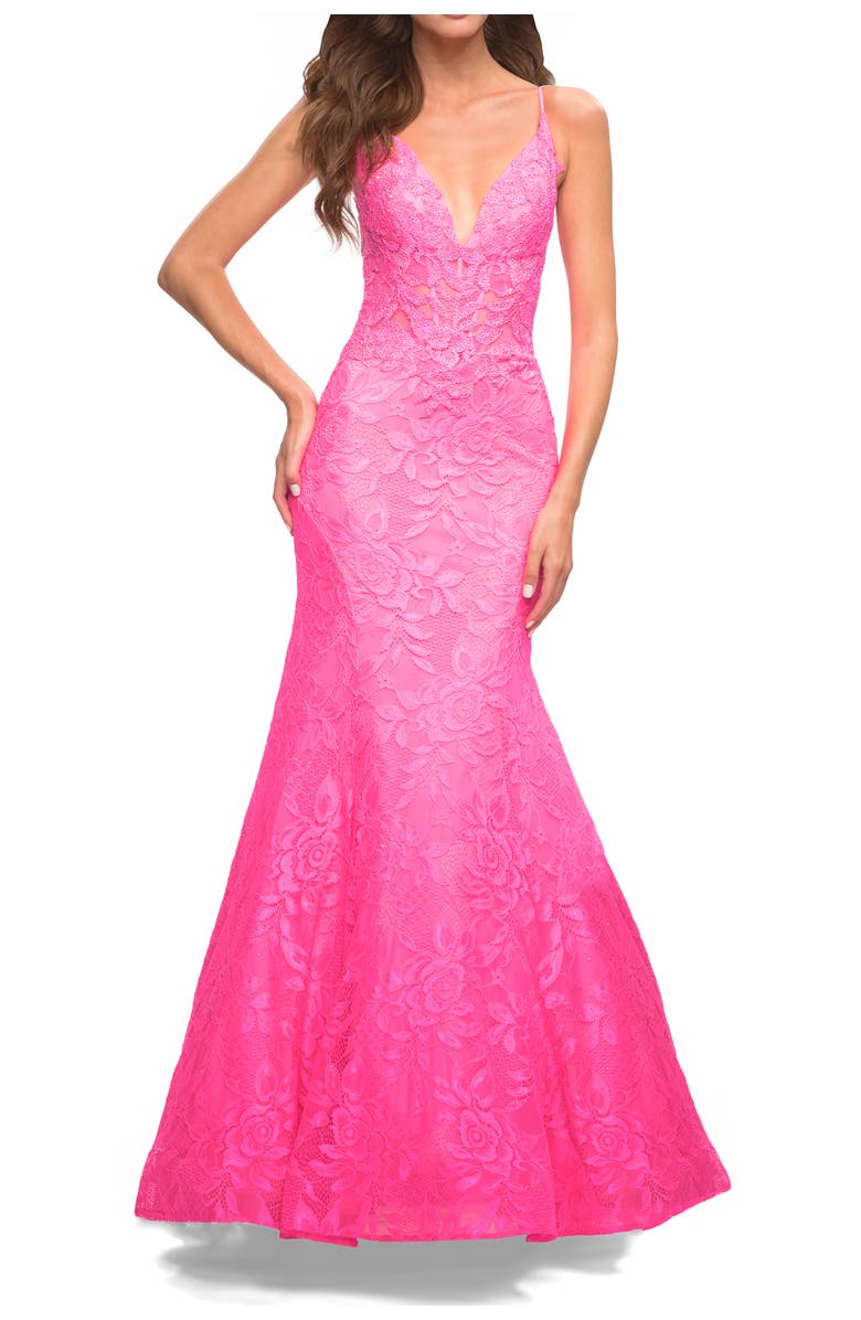 La Femme Neon Pink Mermaid Lace Prom Dress with Sheer Jeweled Bodice, Main, color, Neon Pink