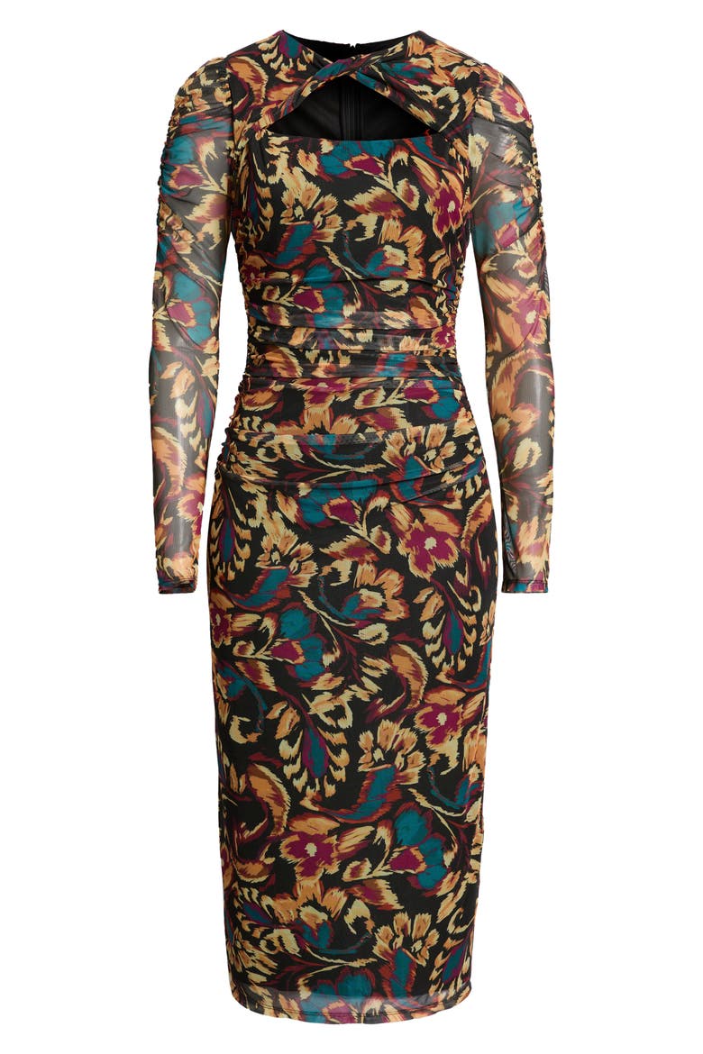 Floral Print Long Sleeve Mesh Midi Dress, Alternate, color, BLACK MULTI