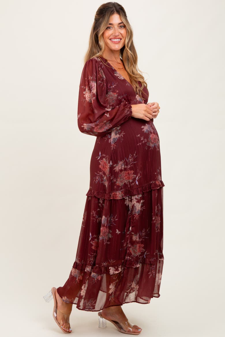 Floral Chiffon V-Neck Long Sleeve Maxi Dress, Alternate, color, Burgundy
