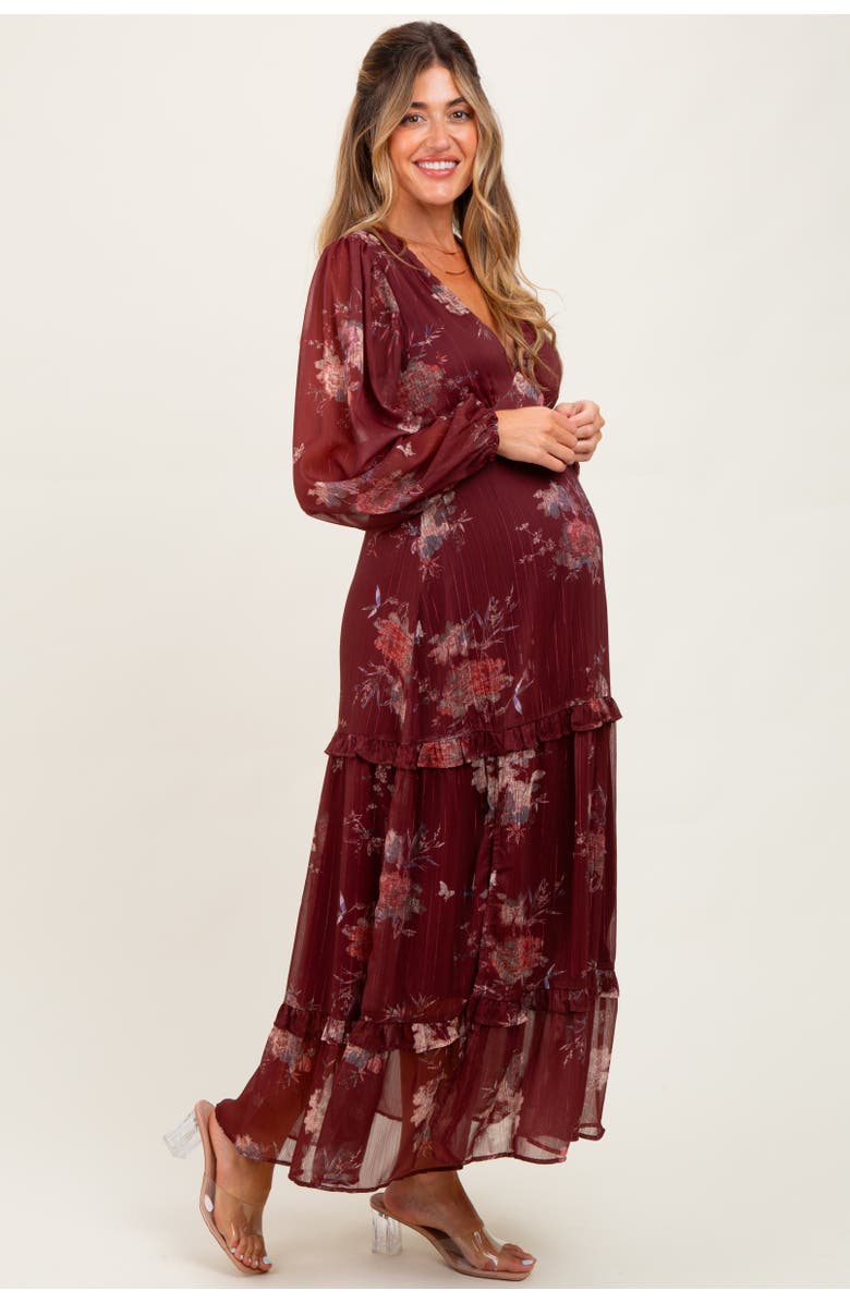 PinkBlush Floral Chiffon V-Neck Long Sleeve Maxi Dress, Alternate, color, Burgundy