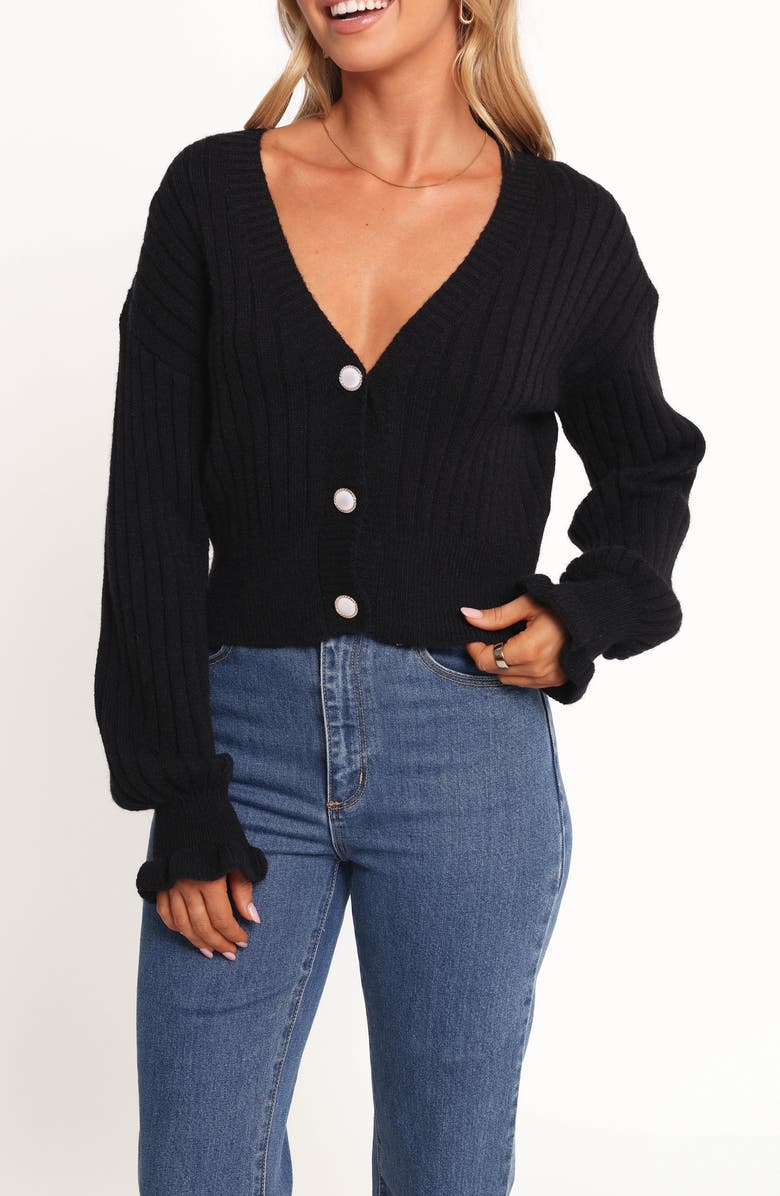 Petal & Pup Zana Ruffle Cuff Crop Rib Cardigan, Alternate, color, Black