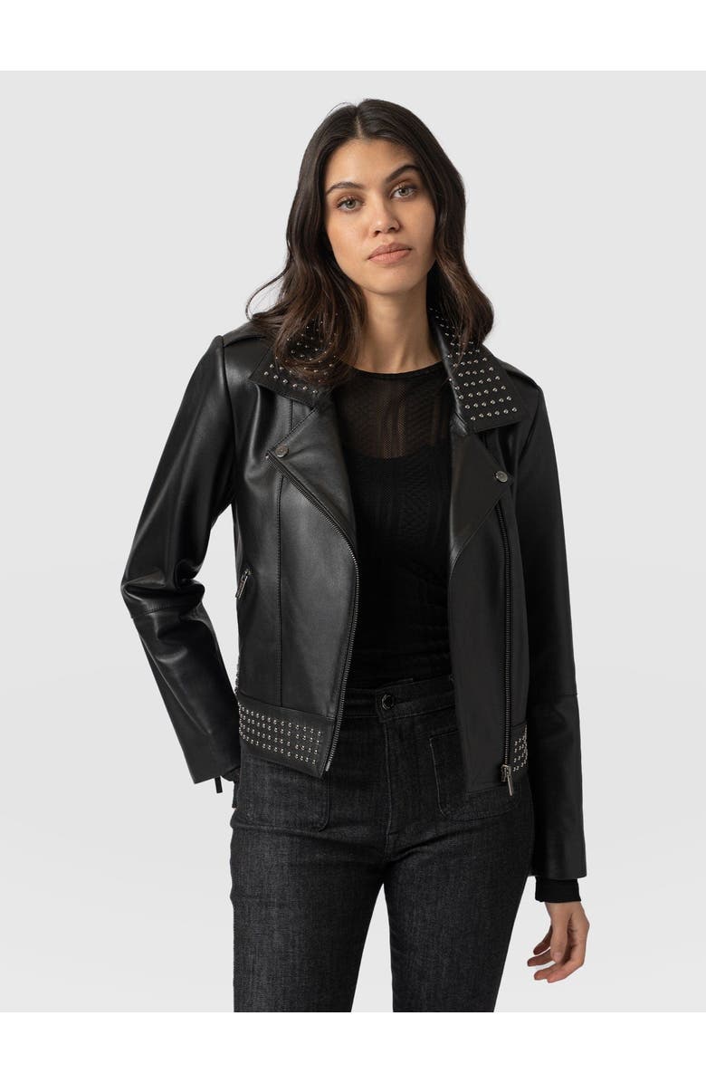 Saint + Sofia Bonham Studded Biker Jacket, Main, color, Black