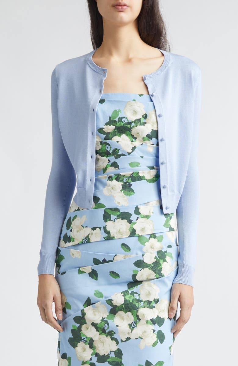 Carolina Herrera Silk & Cotton Crop Cardigan, Main, color, Cloudy Blue