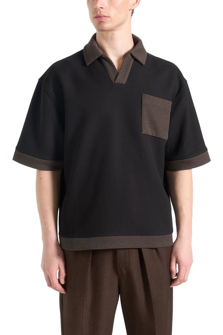 Brice Boxy Polo Shirt with Crochet Detail, Alternate, color, Black