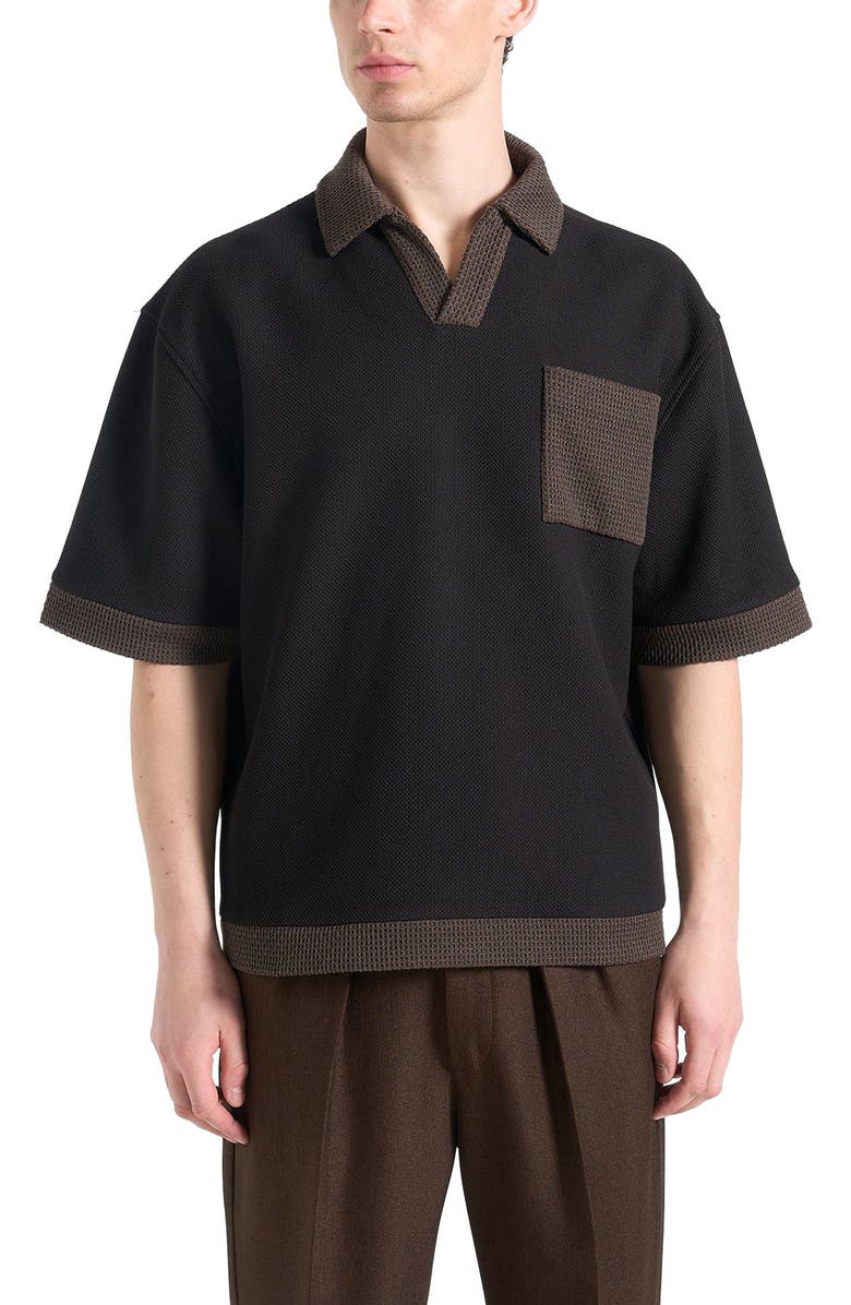 Manière De Voir Brice Boxy Polo Shirt with Crochet Detail, Alternate, color, Black