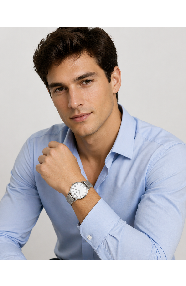 ALLUREZ Men's Stainless Steel Mesh Bracelet Watch, Alternate, color, Silver