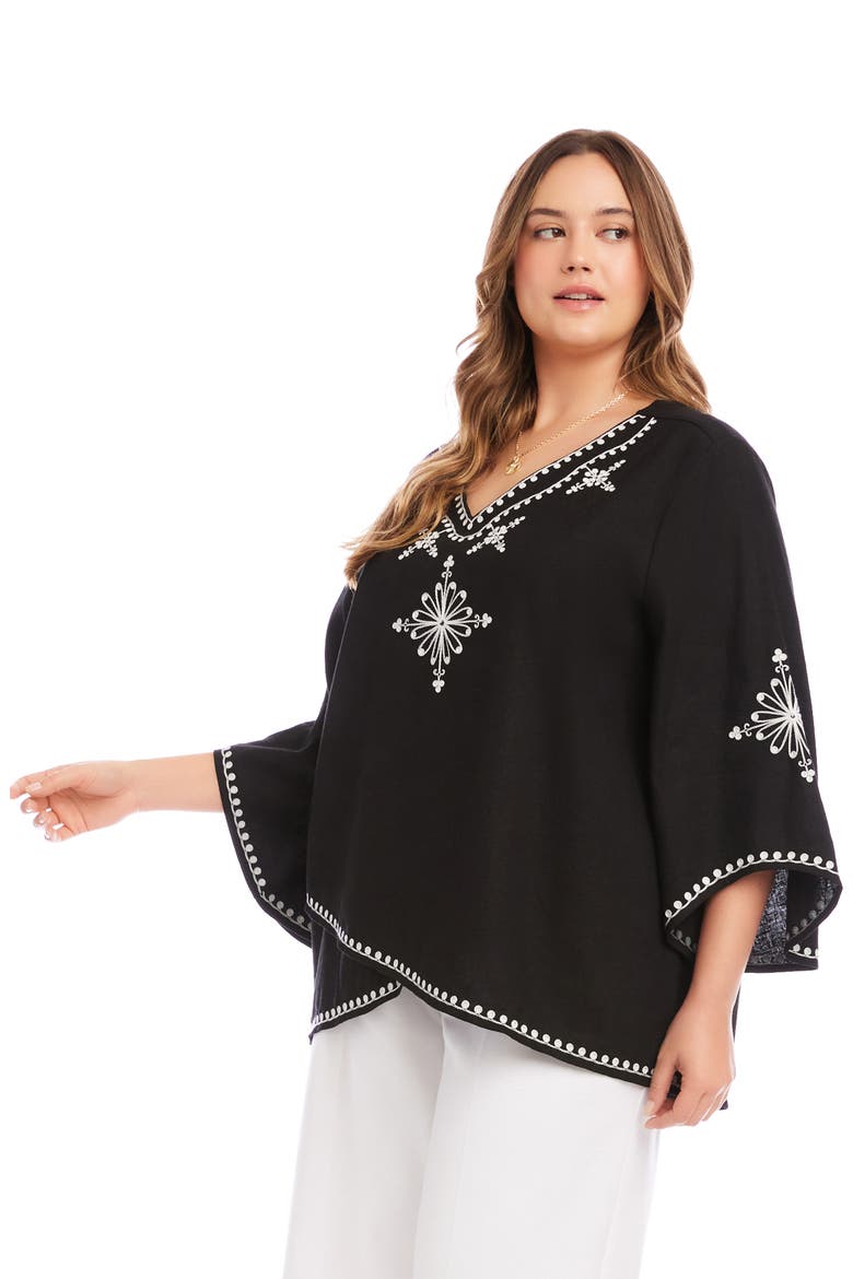 Embroidered Asymmetric Hem Linen Blend Top, Alternate, color, BLACK AND WHITE