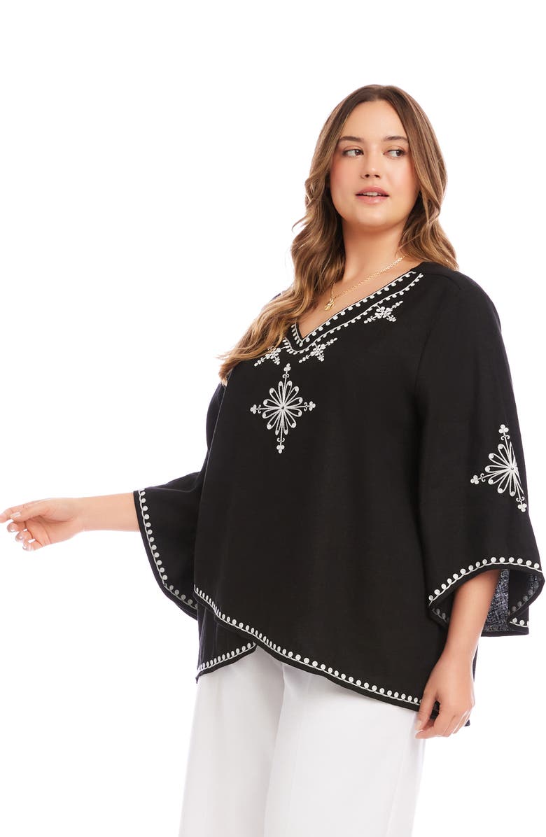 Karen Kane Embroidered Asymmetric Hem Linen Blend Top, Alternate, color, Black And White