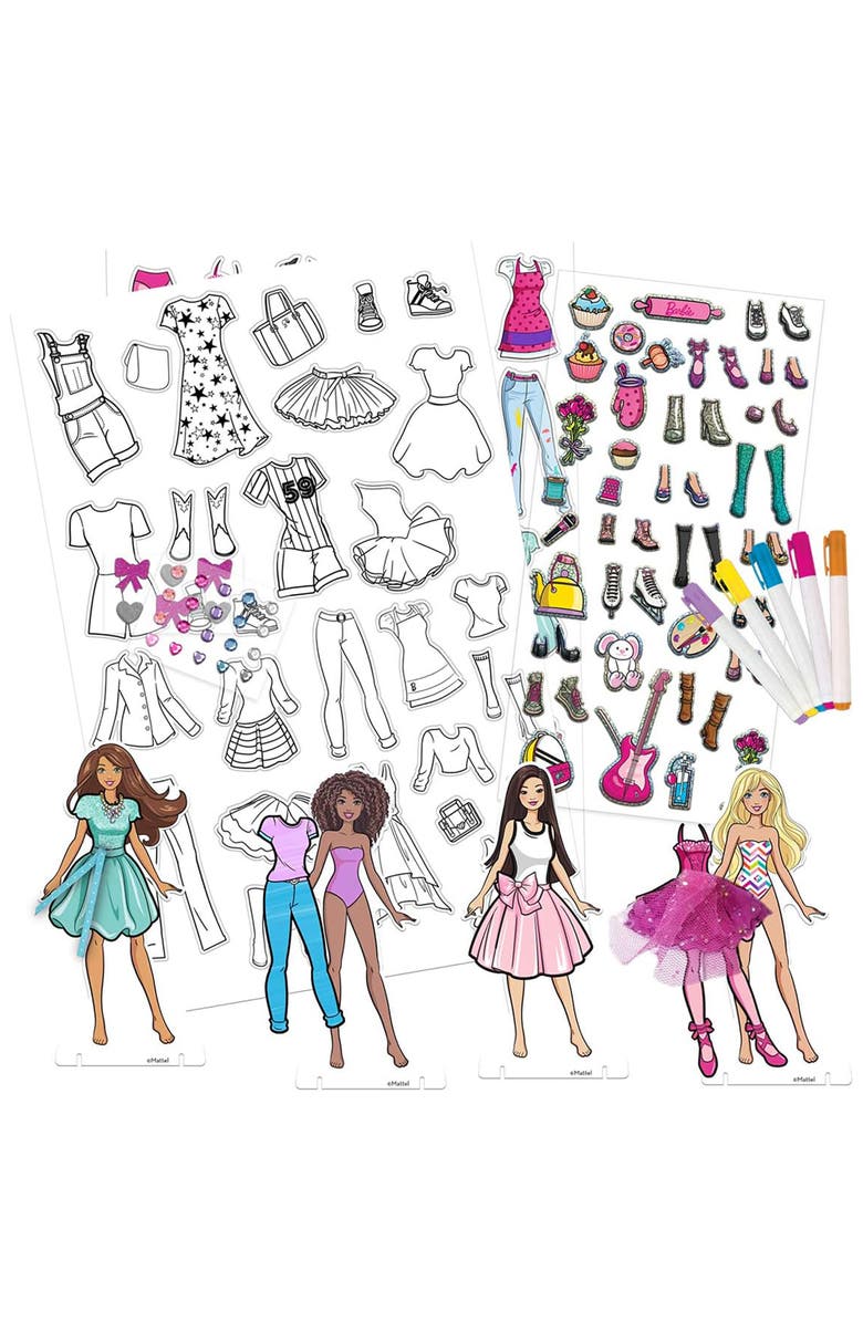 Barbie Fabric Fashions Paper Dolls, Design Playset, 4 Dolls & Stands, Kids 3+, Alternate, color, Multicolored